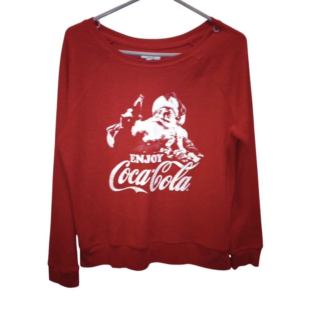 VTG Coca Cola Santa Red & White Fleece Sweater Holiday Christmas Festive Retro L